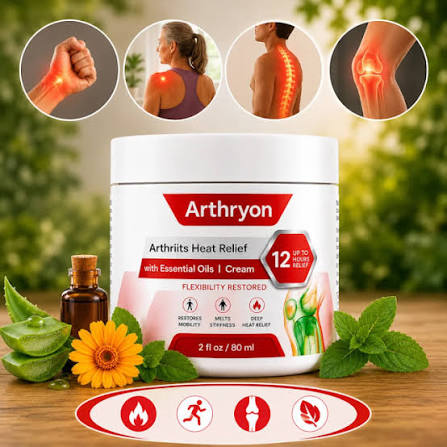 Arthryon cream jar with aloe, flowers and essential oils, plus pain relief areas
